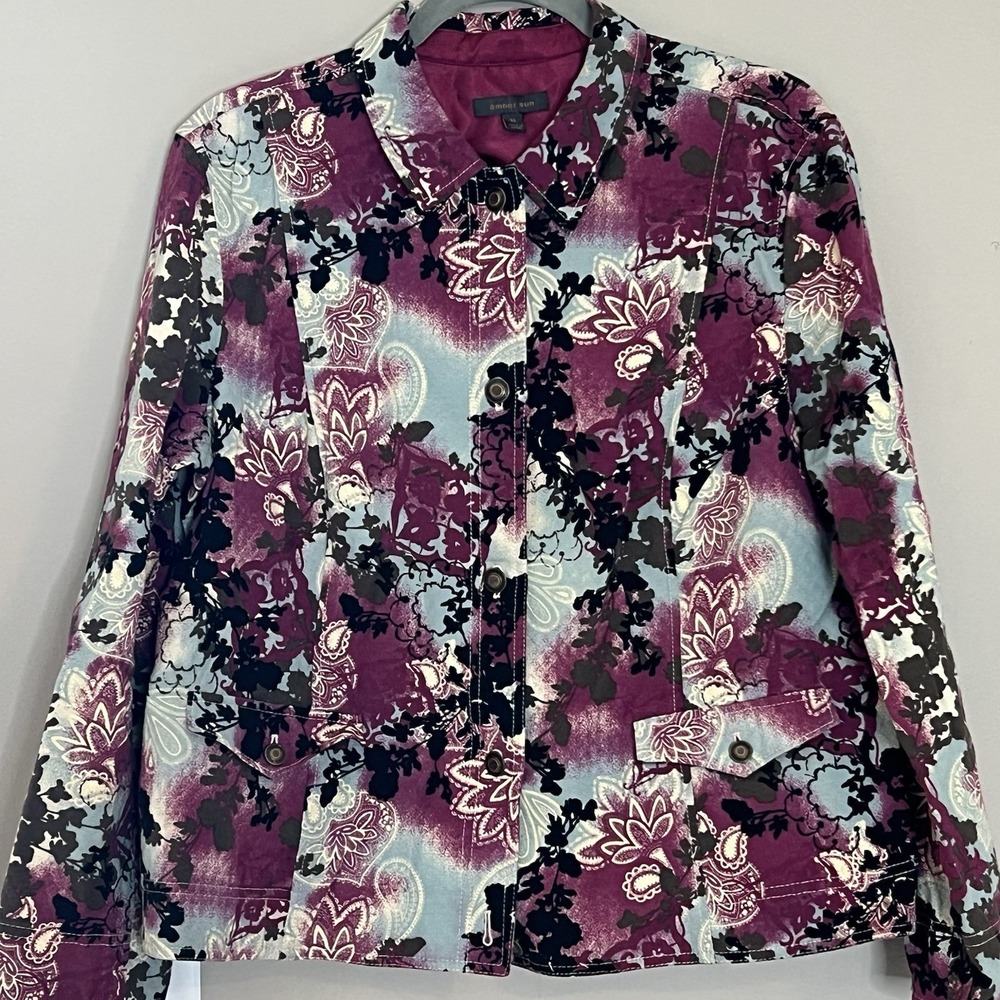 Paisley Satin‎ Amber Sun Woman's XL Floral Jacket Boho Cropped Burgundy Blue EUC